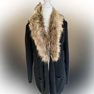 Lauren Ralph Lauren Black Sweater Cardigan with Faux Fur Collar